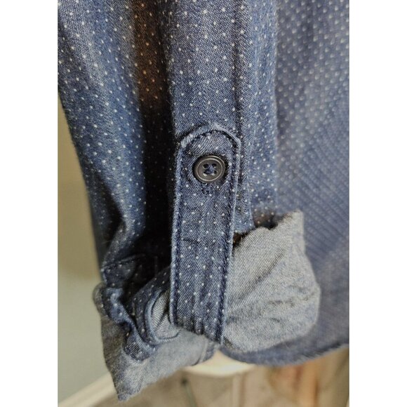 Liz Claiborne Womens Polka Dot Chambray Shirt Tab Sleeves Half Button Front Sz M - Picture 10 of 10
